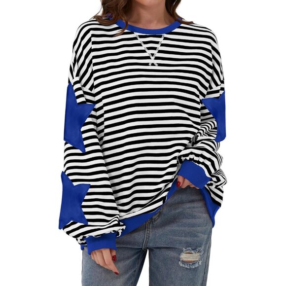 Women Oversized Cotton Blend Striped Star Crew Neck Pullover Sweater - Picture 1 of 7